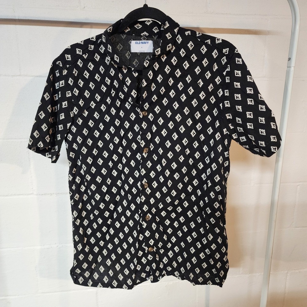 Old Navy Mens S Black White Diamond Print Short Sleeve Button Up Shirt Retro